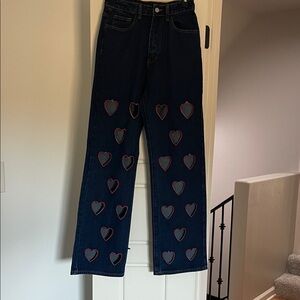 SHEIN Dark Blue Heart Accent Straight Leg Jeans